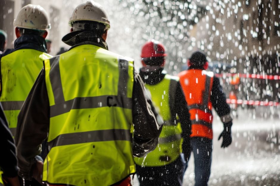 Construction people walking in rain